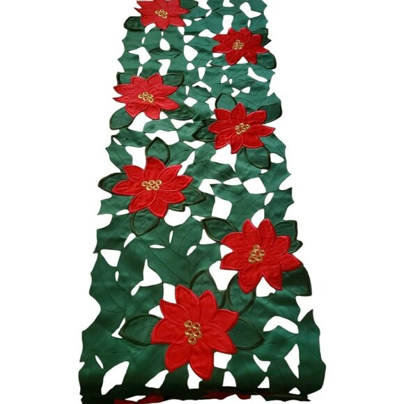 Poinsettia Table Runner Holiday Christmas Floral Cut Out Embroidery Mantel Decor - Picture 3 of 7